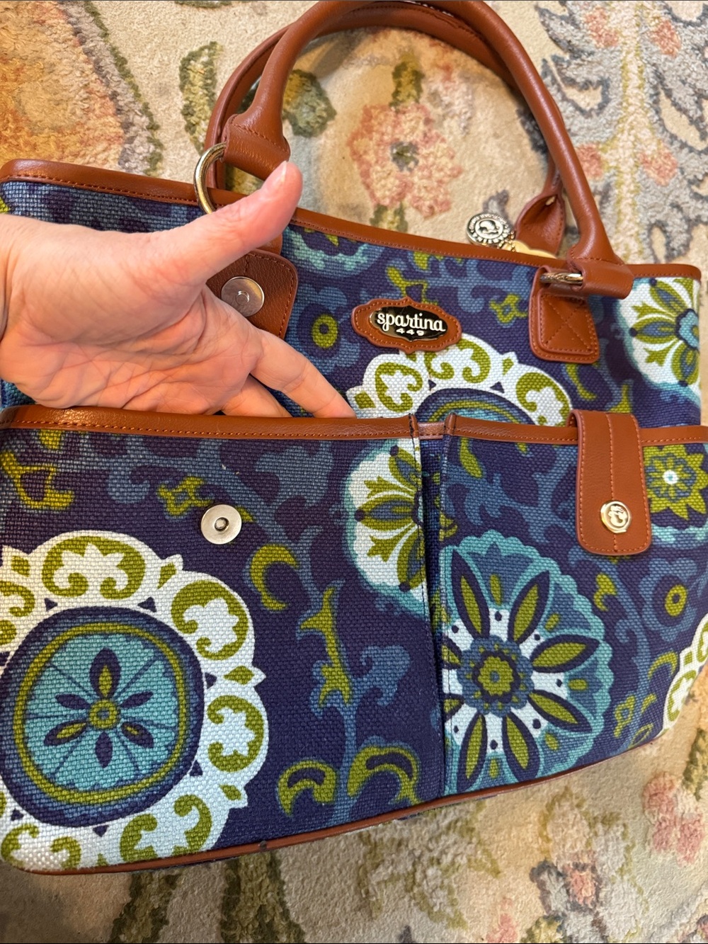 Spartina 449 Navy Floral Canvas Tote with Brown Trim and Teal Accents - Picture 4 of 7